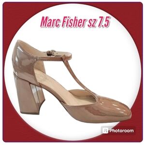 Marc Fisher Tan Patent Leather Shoes T- Strap Block Heel Square Toe  Pump sz 7.5